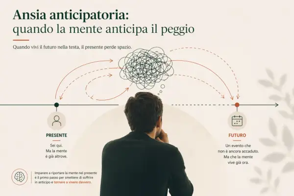 Uomo pensieroso, con la mente confusa che vola verso il futuro. Imparare a riportare la mente nel presente è un rimedio per l'ansia anticipatoria.