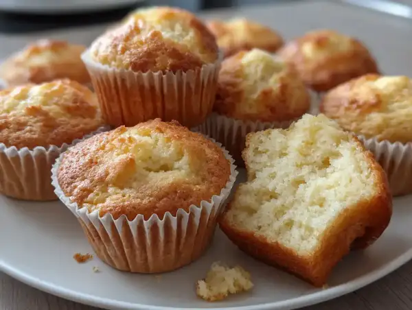 En tallrik med nybakade muffins, ett perfekt muffins recept. En muffin är uppäten och visar en fluffig insida.