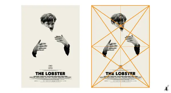 Two examples of movie posters for "The Lobster," one with graphic design guides, featuring Colin Farrell's face and hands.