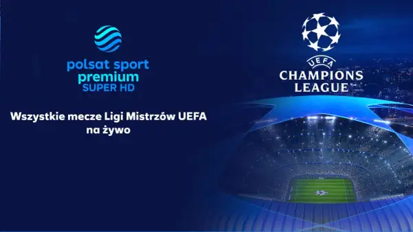 Logo Polsat Sport Premium i UEFA Champions League nad stadionem piłkarskim.