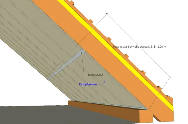 Detailansicht: Dampfbremse anbringen. Klebeband sichert die Folie parallel zur Schwelle.