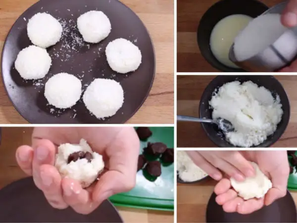 Préparation de boules de coco maison. On voit la pâte à former, des pépites de chocolat à cacher à l'intérieur, et les boules de coco prêtes à déguster.