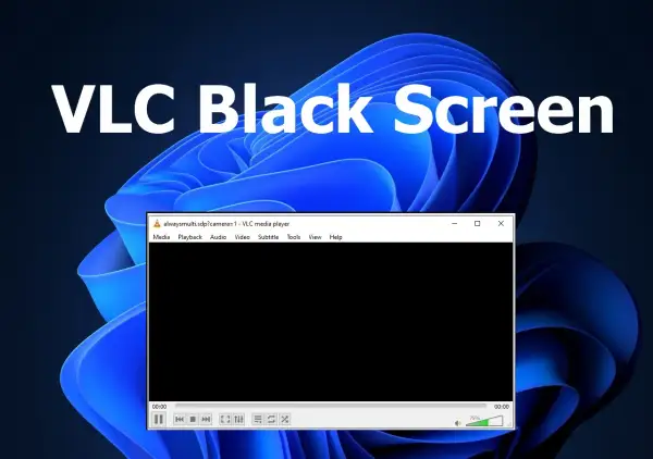 VLC media player window shows a black screen, indicating a potential playback issue. The title bar reads "VLC Black Screen.