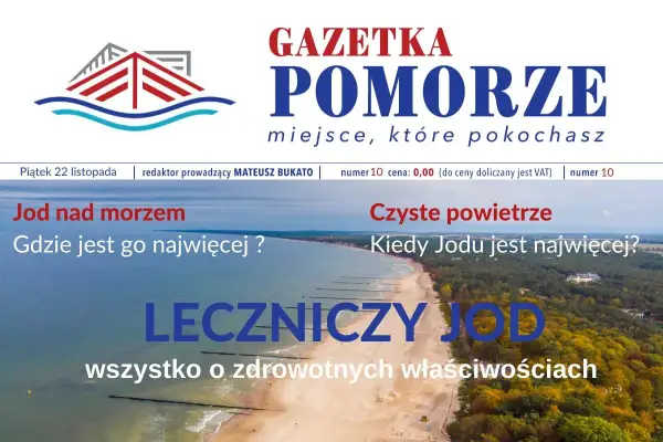 Widok na plażę i morze z tekstem "Jod nad morzem" i "Leczniczy jod".