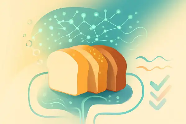 Kromki chleba w pastelowych barwach, symbolizujące najzdrowszy chleb na jelita, unoszą się nad abstrakcyjnym kształtem przypominającym układ trawienny.