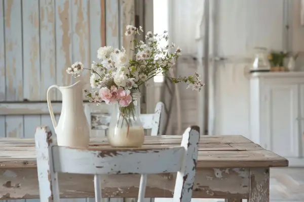 Un tavolo di legno consumato, sedie bianche sbiadite e un vaso di fiori bianchi e rosa creano un'atmosfera romantica con un **effetto shabby**.
