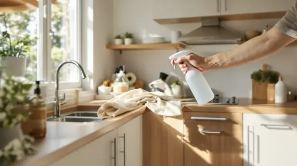 Ręka trzymająca biały spray, gotowa do czyszczenia szafek kuchennych z tłuszczu. Obok leży ściereczka.
