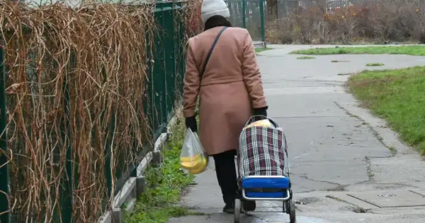Starsza pani z wózkiem na zakupy i bananami w torbie, idzie ścieżką. Może to być obraz symbolizujący demencję starczą i codzienne zmagania.