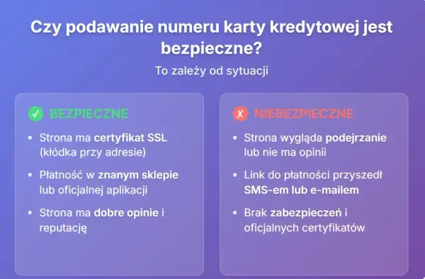 Bezpieczne i niebezpieczne sytuacje przy podawaniu danych karty kredytowej. Sprawdź, kiedy można zaufać stronie.