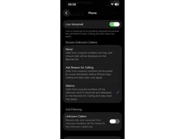 Configuración del teléfono para filtrar llamadas no deseadas y llamadas spam.