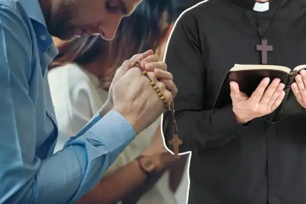Modlący się mężczyzna z różańcem i ksiądz z Biblią. Może to być symbol nadziei, wiary i duchowego wsparcia, a także dyspensa od trosk.