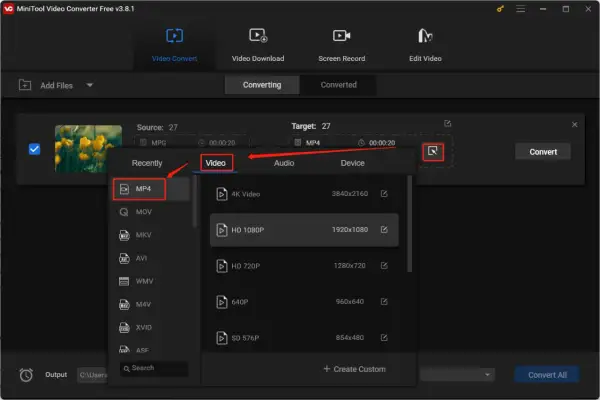 Selecting MP4 as the target format for an MPG video conversion.