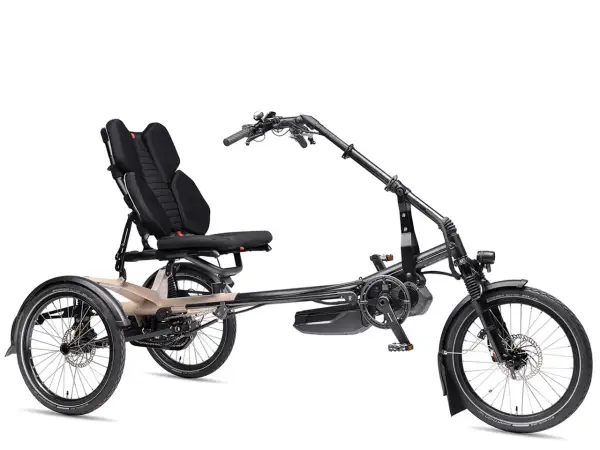 Ein schwarzes Dreirad mit Sitz und E-Motor auf weißem Hintergrund.