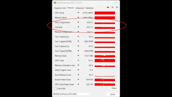 GPU-Z zeigt, wie warm eine Grafikkarte werden darf: GPU-Temperatur 55.6°C, Hot Spot 62.5°C.