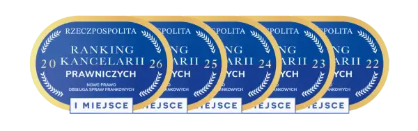 Grafika przedstawia pięć owalnych plakietek z rankingiem kancelarii prawnych, z numerami od 20 do 22.