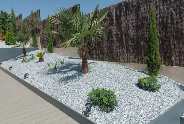 Jardines con piedras blancas y plantas exóticas, como palmeras y cipreses, crean un paisaje moderno y de bajo mantenimiento.