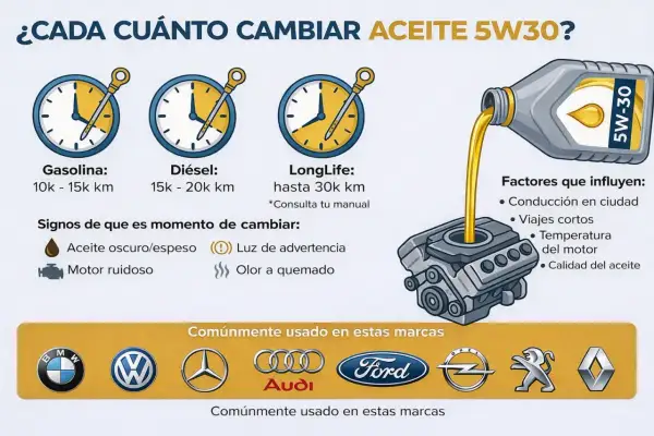 Guía visual sobre cada cuanto se cambia el aceite 5W30 para gasolina, diésel y LongLife. Incluye signos de cambio y factores que influyen.