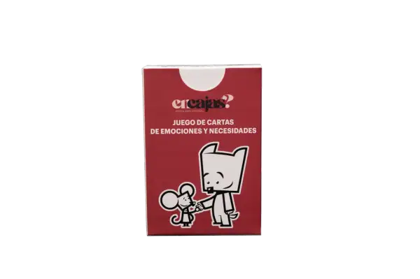 Caja de juego de cartas "Encajas?" con ilustraciones de un ratón y un perro. Explora cartas de emociones y necesidades para entenderte mejor.