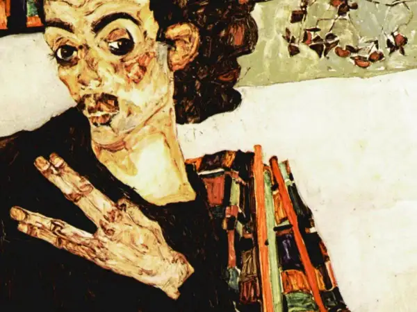 Ekspresyjny portret z cyklu "Egon Schiele dzieła". Postać z wykrzywioną twarzą i dłonią w geście.