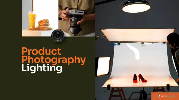 Setting up lighting for product photography at home. A burger and drink are lit on the left, while red heels are illuminated on the right.