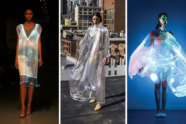Leuchtende Stoffe und futuristische Schnitte: Drei Modelle präsentieren innovative Kleidung in der Zukunft, die mit Lichteffekten spielt.