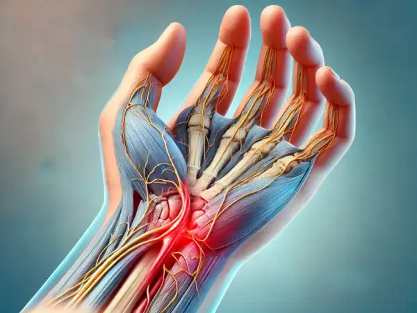 Dettaglio anatomico della mano che illustra la neuropatia da compressione, con nervi e muscoli evidenziati in rosso nell'area interessata.
