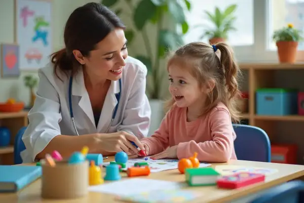 Uśmiechnięta terapeutka wspiera dziecko podczas zajęć. Terapia pedagogiczna rozwija umiejętności malucha.
