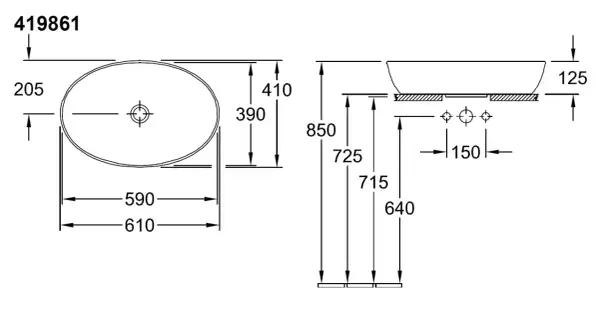 Rysunek techniczny prezentuje wymiary umywalki nablatowej: szerokość 590-610 mm, głębokość 390 mm, wysokość 205 mm.