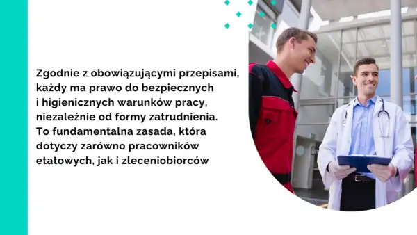 Lekarz i pracownik w kombinezonie rozmawiają. Tekst podkreśla, że umowa zlecenie a BHP to temat ważny dla każdego pracownika.