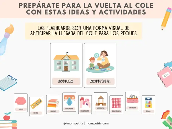Fichas para niños con dibujos de escuela, maestro, bata, regla, libros, plastilina y más, ideales para preparar la vuelta al cole.