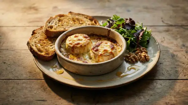 Deux crottins de Chavignol au four, gratinés et fondants, servis avec toasts grillés, salade verte et noix. Une recette simple et gourmande.