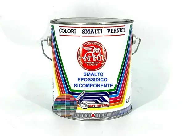 Latta di smalto epossidico bicomponente bianco, atossico per alimenti, con logo Sant'Eufemia e campioni di colore.