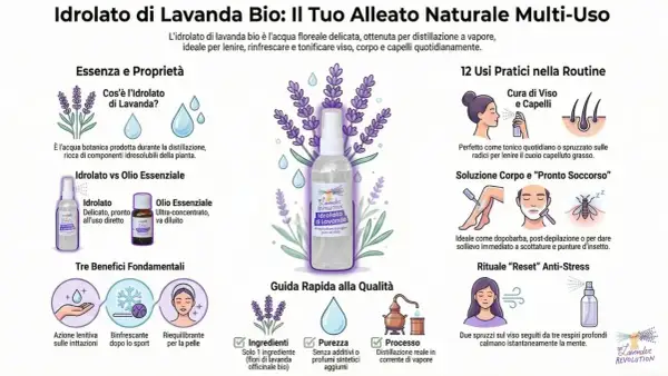 L'idrolato di lavanda bio è un'acqua floreale delicata, ottenuta per distillazione a vapore, ideale per lenire e rinfrescare viso, corpo e capelli.