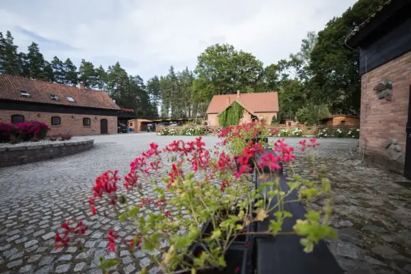 Agroturystyka z dżygitówką i stajnią. Urokliwy dziedziniec z czerwonymi pelargoniami, brukowany podjazd i ceglane budynki.