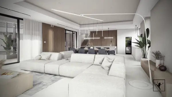Nowoczesny salon z jadalnią, jasne meble, drewniane akcenty, designerskie oświetlenie.