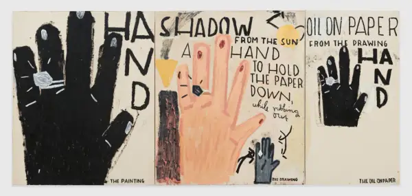 Rose Wylie's triptych features bold, childlike paintings of hands, text, and abstract shapes, exploring themes of art and perception.