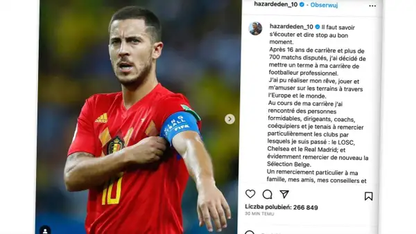 Eden Hazard w czerwonej koszulce reprezentacji Belgii z opaską kapitana.