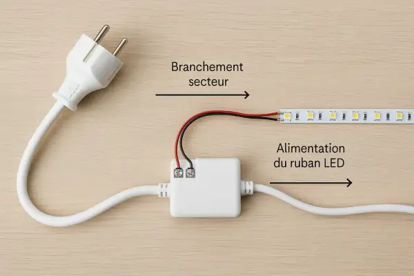 Schéma simple pour comment brancher des LED : prise secteur, boîtier d'alimentation et ruban LED.