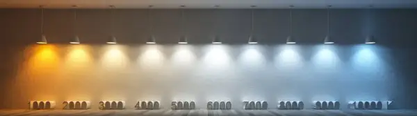 Rząd lamp oświetla ścianę od ciepłej, pomarańczowej barwy zimnej, przechodząc przez białe odcienie, aż po niebieski.