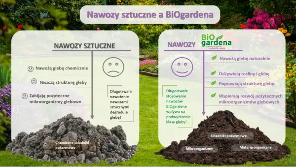 Porównanie nawozów sztucznych i BiOgardena. BiOgardena to nawóz organiczny, który naturalnie odżywia rośliny i glebę, poprawiając jej strukturę.