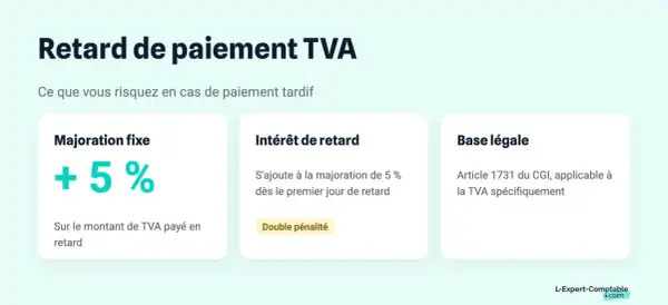 Retard déclaration TVA : majoration fixe de 5% et intérêt de retard dès le premier jour. Base légale : Article 1731 du CGI.