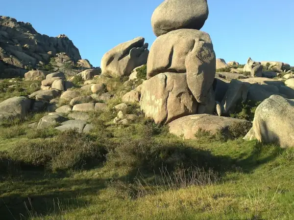 Un moa monte pindo, con rocas gigantes apiladas y vegetación verde bajo un cielo azul claro.