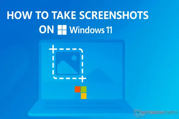Jak zrobic screena Windows 11? Ilustracja pokazuje laptop z zaznaczonym obszarem do zrzutu ekranu i logo Windows.