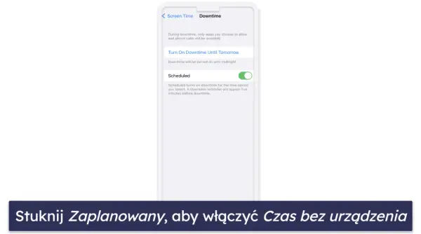 Ustaw kontrolę rodzicielską iPhone: włącz "Zaplanowany" czas bez urządzenia, by ograniczyć dostęp do aplikacji.
