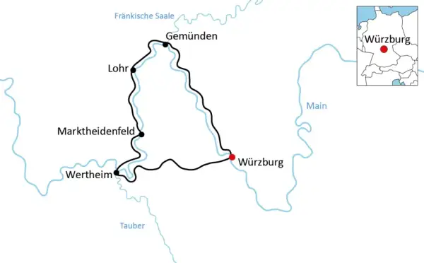Karte einer Radtour am Main von Würzburg über Gemünden, Lohr, Marktbreit und Wertheim.