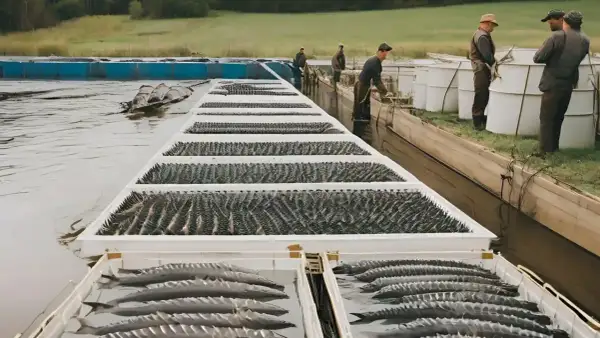 Des esturgeons dans un bassin d'élevage, alignés dans des bacs blancs. Des hommes travaillent à proximité, gérant cette ferme aquacole.