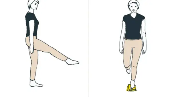 Frau trainiert Beinmuskulatur, um knirschen im Knie weg zu trainieren. Übung zur Stärkung der Beinmuskulatur.