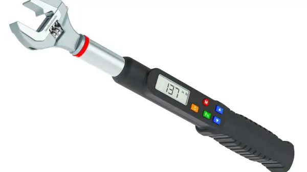 Cyfrowy klucz dynamometryczny z wyświetlaczem LCD i przyciskami.