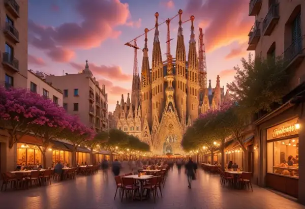 En magisk kväll i Barcelona december. Sagrada Familia lyser upp en livlig gata med uteserveringar och rosa träd.