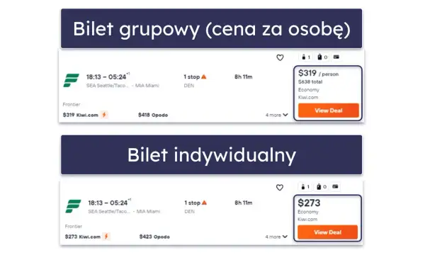 Tanie loty z Kiwi.com: grupowe za $319/os. i indywidualne za $273. Loty z Seattle do Miami z 1 przesiadką.